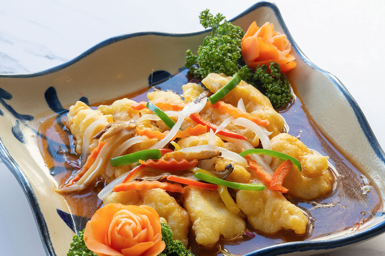 Fried White Fish Sweet Sour Amber Jelly Sauce Okinawa Japan